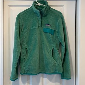Teal Patagonia fleece pullover.